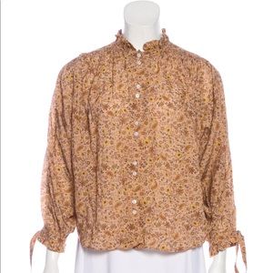 DOEN button down blouse with ruffle collar. Earth tone mustard, greens, rust. XS